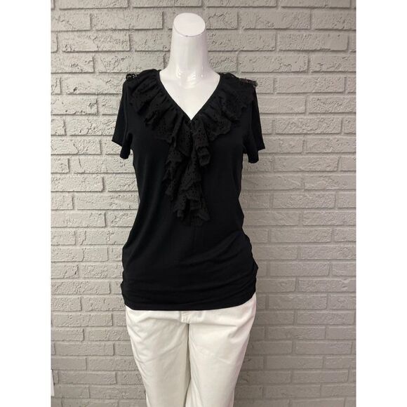 Lauren Ralph Lauren Black Ruffle V Neckline Short Sleeve Top Size M - Picture 1 of 9